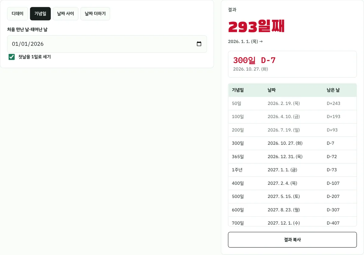 D-day 계산기 기념일 탭에 2026년 1월 1일을 넣은 화면